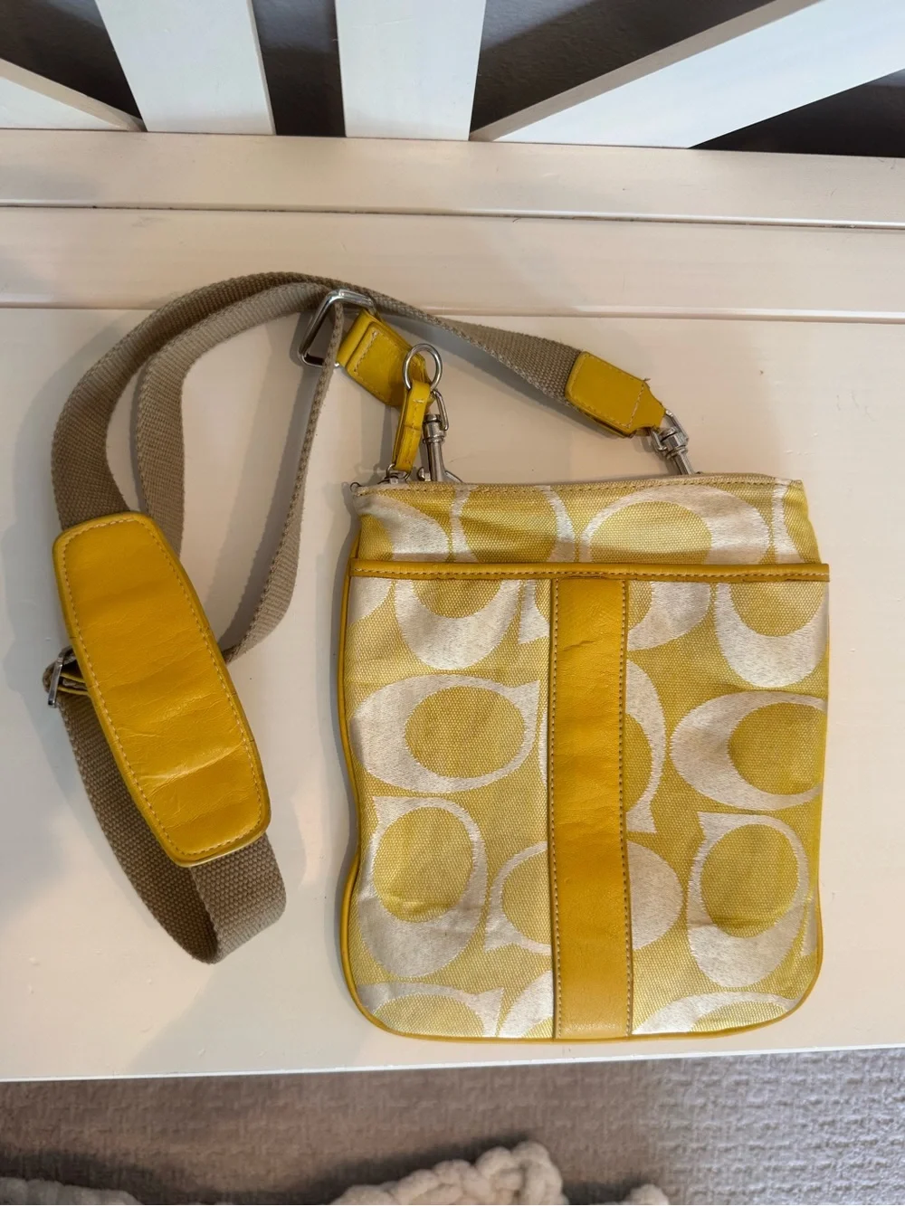 Coach Yellow Signature-Pattern Crossbody Bag with Canvas Strap